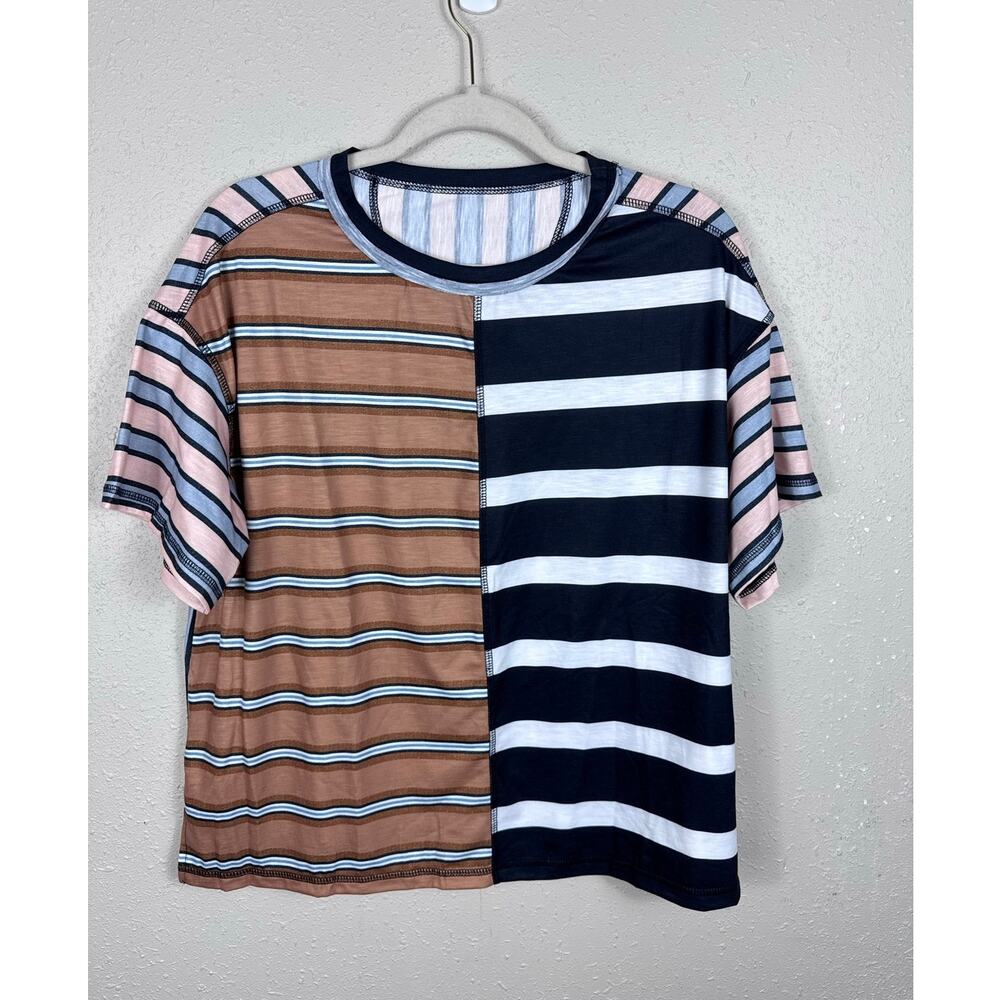 NWOT Black & Tan Womens Boxy Striped Tee Size Large